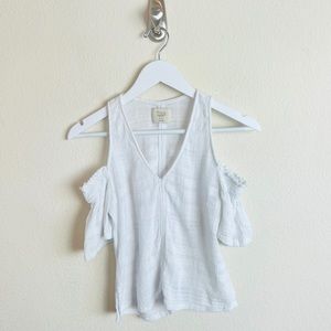 Tina Jo White Linen Bardot Cold Shoulder Ruched Short Sleeve Blouse